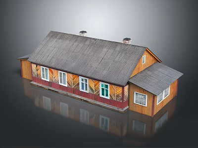 Traditional Wooden House with Gray Roof Two Chimneys Red Decorative Strips and White Windows 3d model