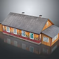 Traditional Wooden House with Gray Roof Two Chimneys Red Decorative Strips and White Windows