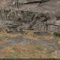 Natural Cave Interior With Rock Walls Stalactites Dirt Floor Fallen Leaves And Greenery