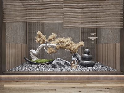 Japanese style landscape sketch Zen style courtyard sketch pine tree potted stone landscape stone sculpture ornaments model