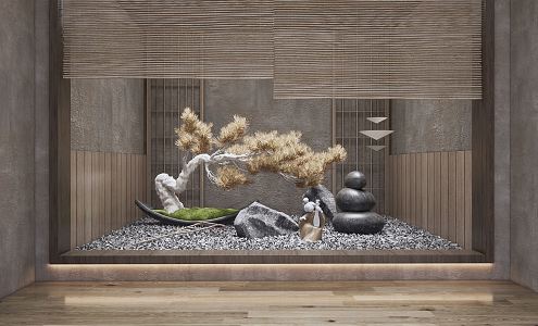 Japanese style landscape sketch Zen style courtyard sketch pine tree potted stone landscape stone sculpture ornaments 3d model