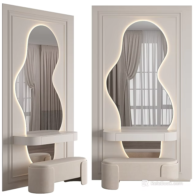 Elegant White Dressing Table Interior With Wavy Lighted Mirror And Window Curtain Reflection 3d model 