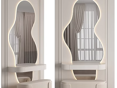 Elegant White Dressing Table Interior With Wavy Lighted Mirror And Window Curtain Reflection 3d model