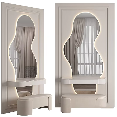 Elegant White Dressing Table Interior With Wavy Lighted Mirror And Window Curtain Reflection 3d model