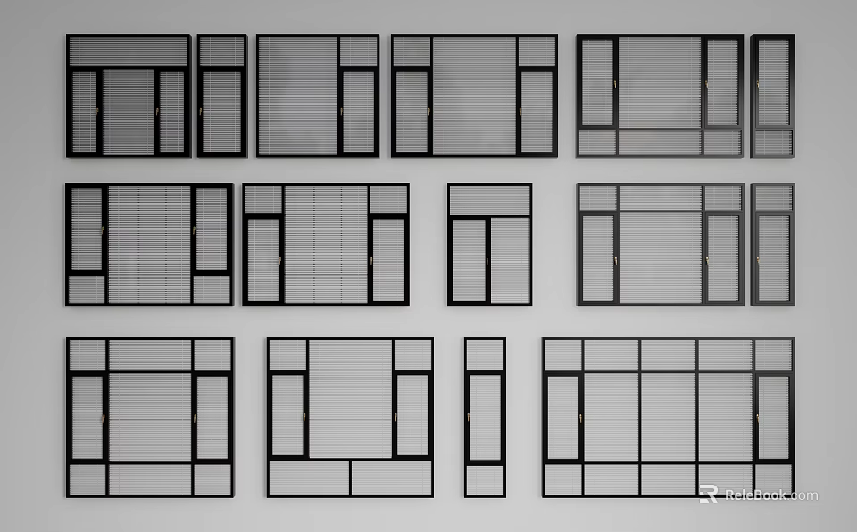 Various Window Frame Designs With Grid Patterns And Different Layouts 3d model