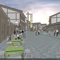 Vibrant Commercial Street With Traditional Architecture People Walking Outdoor Dining Seats And Shops