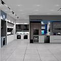 Modern ROBAM Specialty Store With Kitchen Appliances Cabinets Counter And Marble Wall