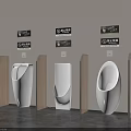 Modern White Urinals with Wooden and Metal Dividers and Signs in Public Restroom