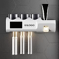 Bathroom Vanity with Backlit Mirror Black Hexagonal Tile Wall Shelf Decorative Bottles and Digital Clock