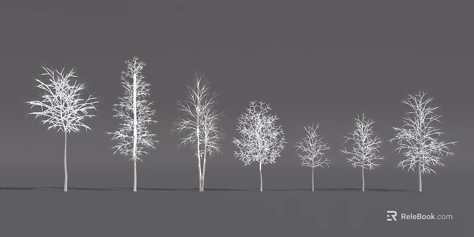 Leafless Arbor Trees With Clear Trunks And Branches Arranged In A Row Against Gray Background 3d model