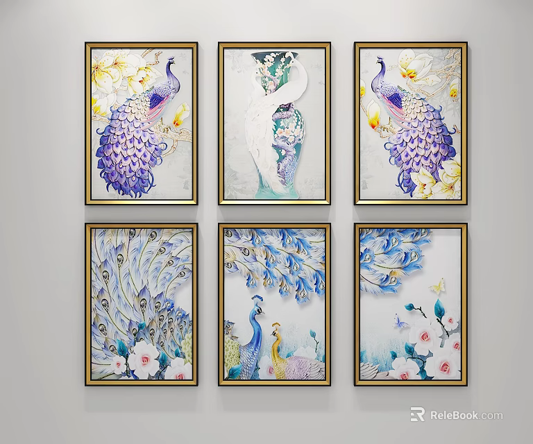 Six Gold Framed Peacock Themed Wall Art Paintings With Colorful Feathers 3d model 