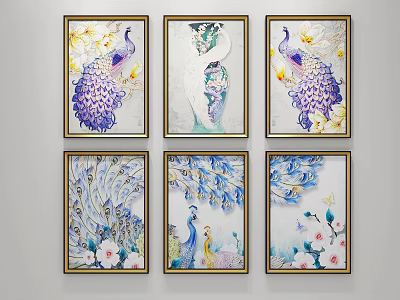 Six Gold Framed Peacock Themed Wall Art Paintings With Colorful Feathers 3d model