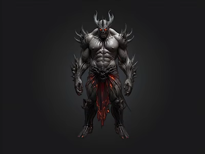 Dark Muscular Demon Character With Horns Spikes And Red Accents 3d model
