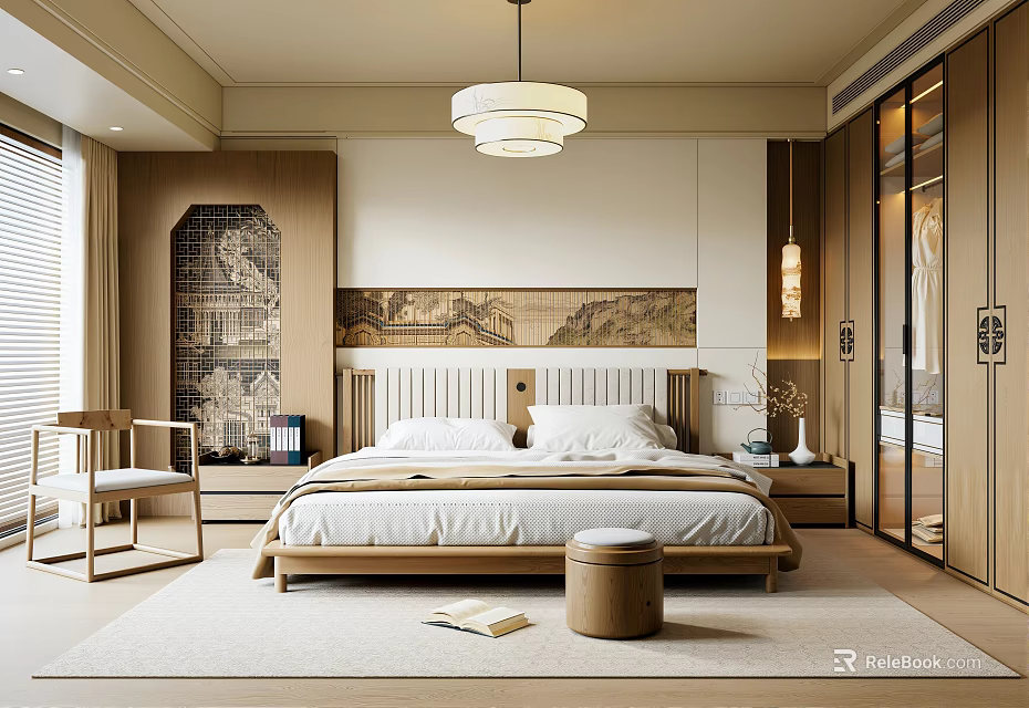 Chinese Modern Bedroom Interior With Wooden Bed Frame Pendant Light And Wardrobe 3d model 