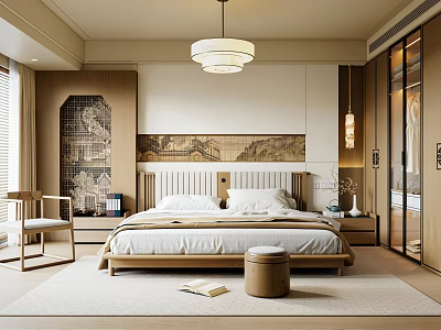 Chinese Modern Bedroom Interior With Wooden Bed Frame Pendant Light And Wardrobe 3d model