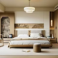 Chinese Modern Bedroom Interior With Wooden Bed Frame Pendant Light And Wardrobe