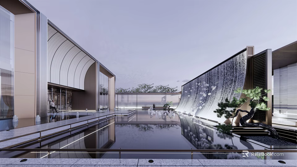 Modern Garden Landscape Design With Water Pool Reflection And Architectural Elements 3d model