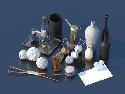 Everyday Household Supplies Including Yarn Balls Chopsticks Bottles Jars Vases And Cloth Pieces 3d model