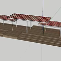 Modern Pergola With White Frame Red Roof Steps And Green Grass In Park