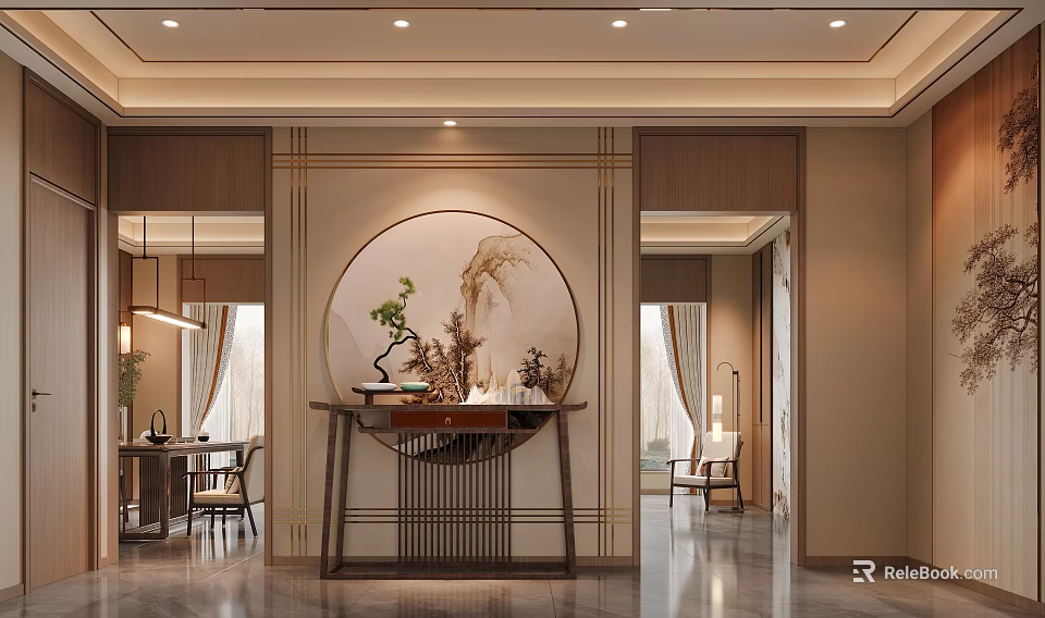 Elegant Entryway Hallway Interior With Circular Decorative Painting Console Table And Lighting 3d model