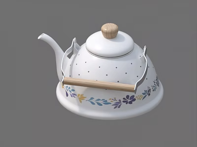 Decorative White Teapot With Colorful Floral Patterns Wooden Lid And Handle 3d model