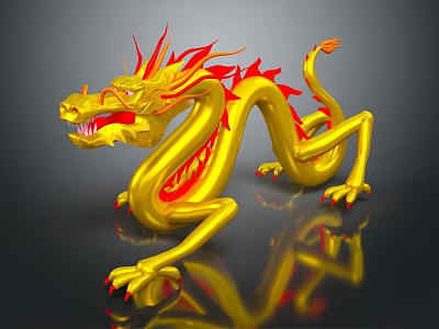 Golden Dragon With Red Flame Accents On Black Background And Reflection 3d model