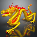 Golden Dragon With Red Flame Accents On Black Background And Reflection