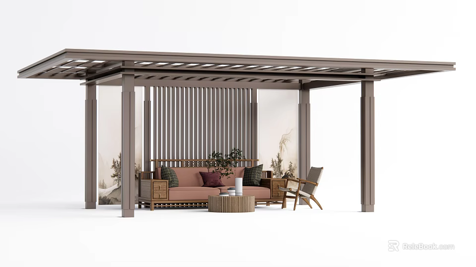Modern Outdoor Pergola With Wooden Sofa Table Chairs And Green Plants 3d model 