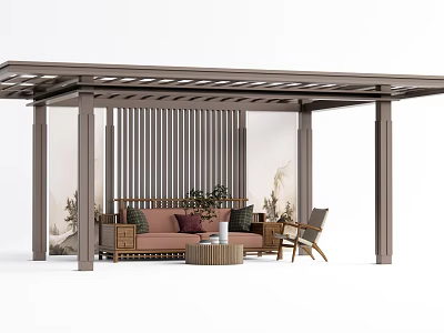 Modern Outdoor Pergola With Wooden Sofa Table Chairs And Green Plants 3d model