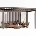 Modern Outdoor Pergola With Wooden Sofa Table Chairs And Green Plants