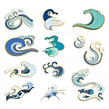 Traditional Decorative Wave Patterns With Various Blue White And Green Designs 3d model