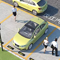 Yellow Hanjiang Cars Parked In Parking Lot With Yellow Lines And People Walking Nearby