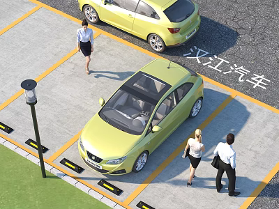 Yellow Hanjiang Cars Parked In Parking Lot With Yellow Lines And People Walking Nearby 3d model