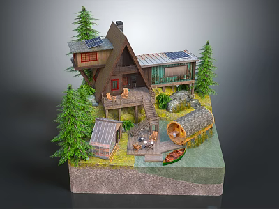 Cartoon Scene Featuring A frame Mountain Cabin Solar Panels Pine Trees Wooden Deck and Log Raft 3d model
