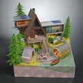 Cartoon Scene Featuring A frame Mountain Cabin Solar Panels Pine Trees Wooden Deck and Log Raft