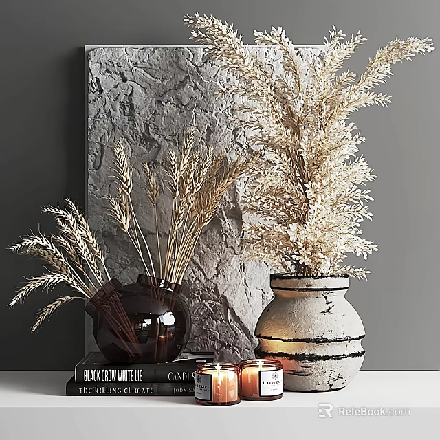 Rustic Natural Decorative Ornament Set With Dried Wheat Plants Vases Candles And Textured Gray Wall 3d model 