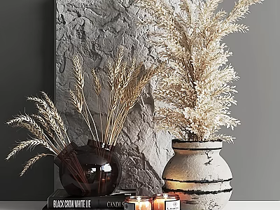 Rustic Natural Decorative Ornament Set With Dried Wheat Plants Vases Candles And Textured Gray Wall 3d model