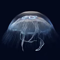 Transparent Glowing Jellyfish With Umbrella Shaped Body And Tentacles In Deep Blue Background