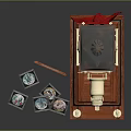 Vintage Electrical Appliance Projector With Brass Components Red Fabric Wooden Base And Surrounding Photographs