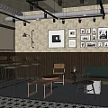 Modern Café Interior With Wooden Walls Framed Photos Pendant Lights And Seating Area