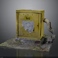 Yellow Gas Utility Box With Damaged Surface And Curved Pipe On Mossy Earth Base