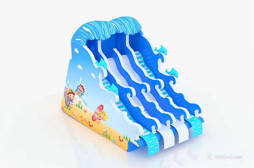 Colorful Inflatable Water Slide with Blue Wave Design Dolphin Patterns and Cartoon Beach Elements 3d model 