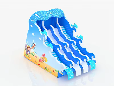 Colorful Inflatable Water Slide with Blue Wave Design Dolphin Patterns and Cartoon Beach Elements 3d model