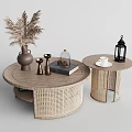 Round Woven Coffee Tables With Pampas Grass Vase Lantern Cup Books And Glass Jar