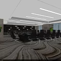 Modern Conference Room Interior Design With Large Table Black Chairs Patterned Carpet And Green Plants