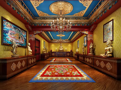 Traditional Religious Hall Interior Featuring Decorative Ceiling Chandelier Buddha Statues Murals And Floral Carpet 3d model