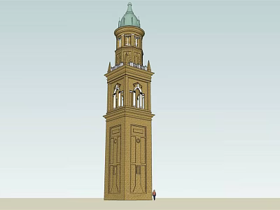 Brown Brick Tower With Green Spire Top Arched Windows And Ornate Details 3d model