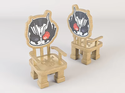 Wooden Children's Chairs With Cartoon Animal Head Backrest And Red Eyes Design 3d model