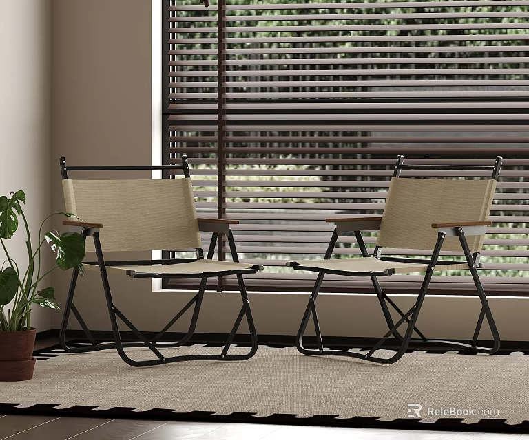 Stylish Leisure Chairs With Metal Frame Fabric Seats Near Window Blinds And Potted Plant 3d model 