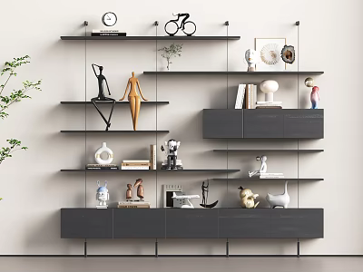 Modern Gray Multi Tiered Shelving Unit With Decorative Sculptures Vases Books And Ornaments 3d model